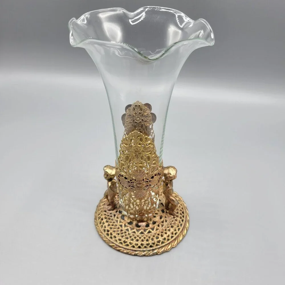 Antique Vintage Gold Brass Filigree Fluted Bud Vases Cherub Figural Design - Picture 13 of 16